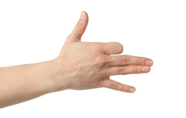 Female hand showing gesture, isolated on white background