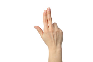 Woman hand showing three fingers, isolated on white background
