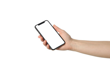 Female hand holding phone with empty screen, isolated on white background
