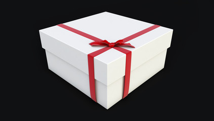 3d rendering of white gift box with shiny red ribbons isolated on black background, Holiday decoration element. Birthday or anniversary present
