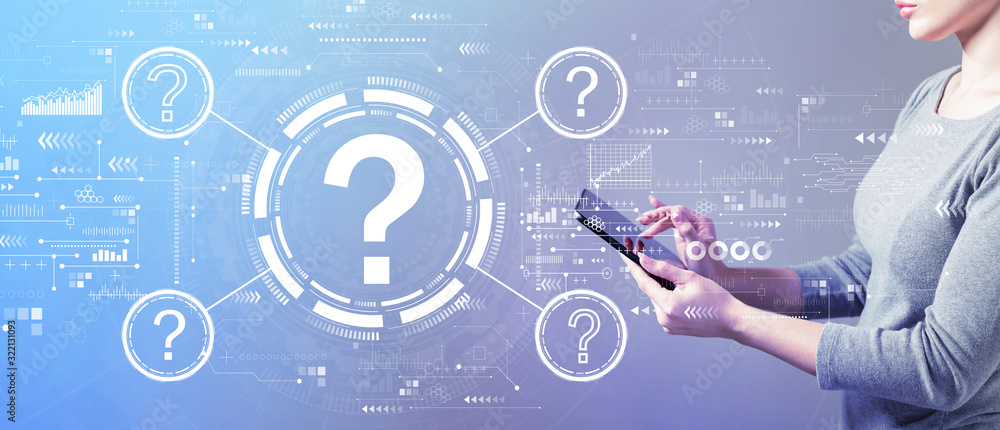 Poster question marks with business woman using a tablet computer