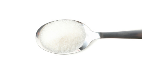 Fototapeta na wymiar Spoon with sugar isolated on white background, close up