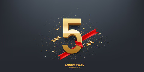 5th Year anniversary celebration background. 3D Golden number wrapped with red ribbon and confetti on black background.