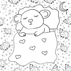 The Mouse or Rat is sleeping, Doodle, Sheep Pattern. Birthday, Valentine's Day, Baby shower. Coloring page adult and kids, woman coloring book. Black and white.