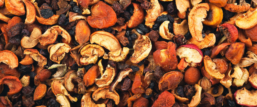 Dried fruits background and texture. Panorama.