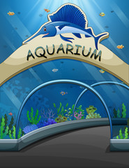 Big aquarium entrance with lives underwater illustration