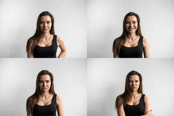 Set of young woman's portraits with different emotions. Young beautiful cute girl showing different...