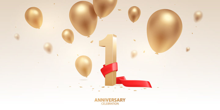1st Year anniversary celebration background. 3D Golden number with red ribbon, confetti and balloons.