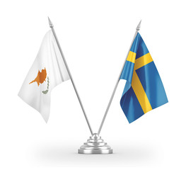 Sweden and Cyprus table flags isolated on white 3D rendering