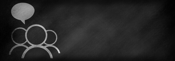 Three people drawn on a blackboard with a speech bubble