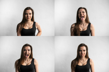 Set of young woman's portraits with different emotions. Young beautiful cute girl showing different...