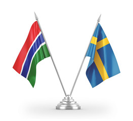 Sweden and Gambia table flags isolated on white 3D rendering