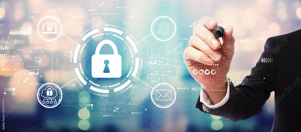 Poster internet network security concept with businessman on blurred abstract background