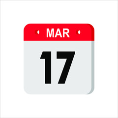 March 17 - Calendar Icon. Calendar Icon with shadow. Flat style. Date, day and month. Reminder. Vector illustration. Organizer application, app symbol. Ui. User interface sign. EPS 10
