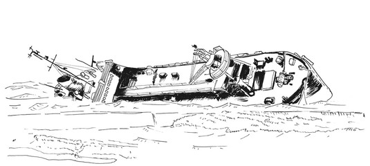 Obraz premium Ink seascape with old wrecked tanker ship. Watercolor modern illustration