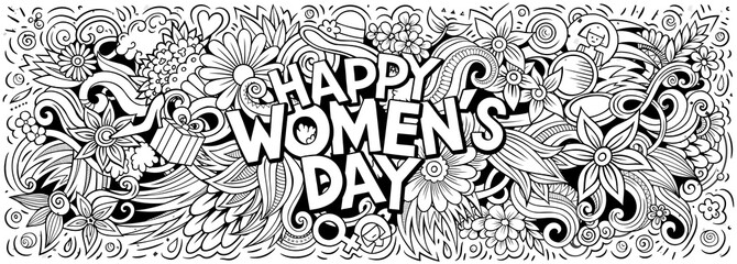 Happy Womens Day hand drawn cartoon doodles illustration.