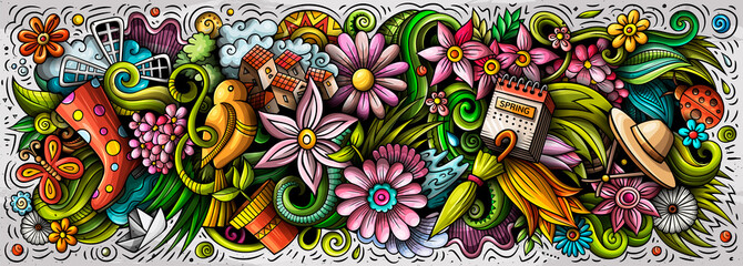 Spring hand drawn cartoon doodles illustration. Colorful vector banner