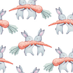 Beautiful seamless watercolor pattern with cute rabbits and carrot. Perfect for your project, packaging, wallpaper, cover design, invitations, happy birthday, valentine's day.