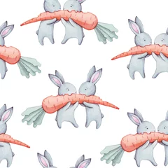 Behang Aquarel prints Mooi naadloos aquarelpatroon met schattige konijnen en wortel. Perfect voor uw project, verpakking, behang, omslagontwerp, uitnodigingen, gelukkige verjaardag, Valentijnsdag.