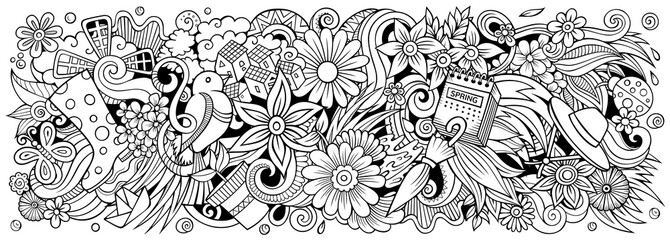 Spring hand drawn cartoon doodles illustration. Sketchy vector banner
