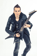 Guitar player playing electric guitar on white background.