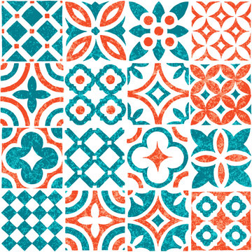 Tile seamless pattern. White, orange and blue colors. Hand-drawn ornament in patchwork style. Grunge texture. Print for textile, wallpaper, packaging, cover. Vector illustration.