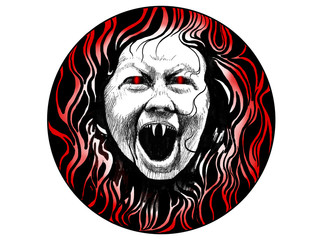 The child, who is drawn in a black circle with a pen and marker, burns in red fire, he has red eyes and big fangs, looks like a vampire, he has a mouth open and he screams, personifies horror, anger