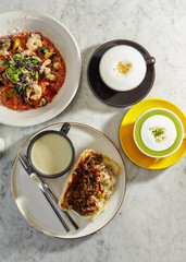 Grilled meat and cheese sandwich with potage and risotto 