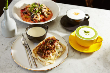 Grilled meat and cheese sandwich with potage and risotto 