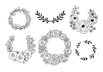 Beautiful wreaths illustrations on white background. Vector floral wreaths and botanical frames outline set