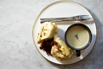 Grilled meat and cheese sandwich with potage 