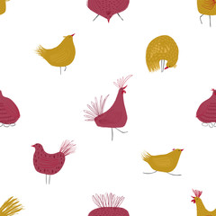 Seamless pattern with chickens and rooster.