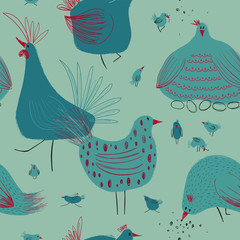 Seamless pattern with chickens and rooster. © Annykos