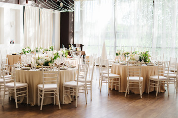wedding table with flowers  in restaurant