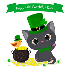 St.Patrick s Day greeting card. Cute gray kitten in a green hat leprechaun, bowler hat with gold coins and a bird in a green hat, a clover. Cartoon style, flat design. Vector