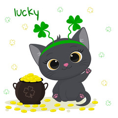 Postcard to the day of St. Patrick. Cute gray kitten in a rim of clover sits lifted a paw, a bowler hat with gold coins. Cartoon style, flat design. Vector illustration