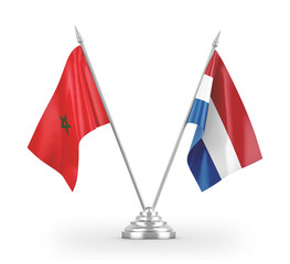 Netherlands and Morocco table flags isolated on white 3D rendering