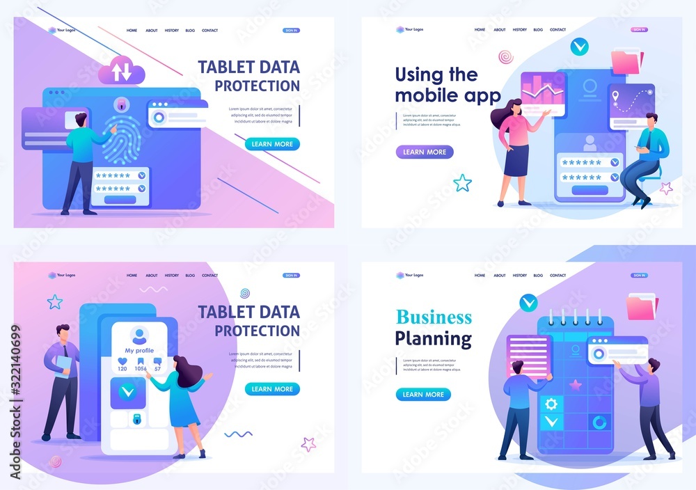 Poster set 2d flat concepts young people use apps for their smartphones and tablets. for landing page conce