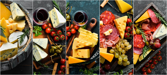 Collage. Set of Italian cheeses, meat and snacks. Assortment of antipasto.