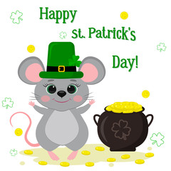 Postcard to the day of St. Patrick. A cute gray mouse in a green hat, a dwarf stands and raised his paws, a bowler with gold coins, a clover. Cartoon style, flat design. Vector illustration