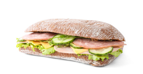 Tasty sandwich with ham isolated on white