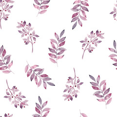 Fototapeta na wymiar Beautifull seamless pattern with watercolor folliage. Hand painted illustration. Violet branches and leaves. Best for background, wallpaper, wrapping paper, textile, bedding fabric, prins, fashion