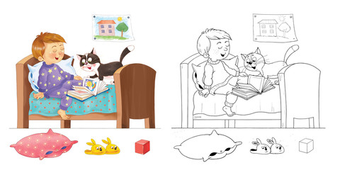 Cute little boy's day. Schedule.  Coloring book. Educational  book. Illustration for children. Funny cartoon characters