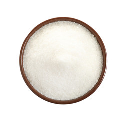 Fototapeta na wymiar Granulated sugar in bowl isolated on white, top view