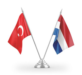 Netherlands and Turkey table flags isolated on white 3D rendering