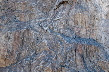 Texture of a large solid stone with a relief gray-brown pattern with chips and protrusions, veins and swellings. Natural organic background for design