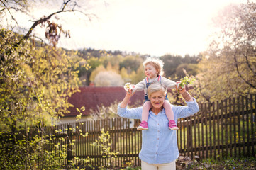Senior grandmother with toddler granddaughter standing in nature in spring.