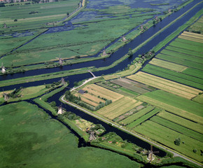 Kinderdijk, Holland, June 20 - 1989: Historical aerial photo of the windmills in kinderdijk, Holland