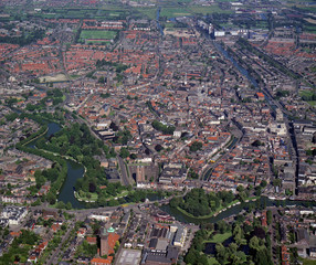 Leeuwarden, Holland, July 12 - 1990: Historical aerial photo of center of the city Leeuwarden, Holland