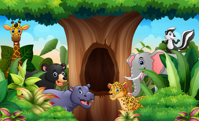 Zoo animals under the hollow tree landscape